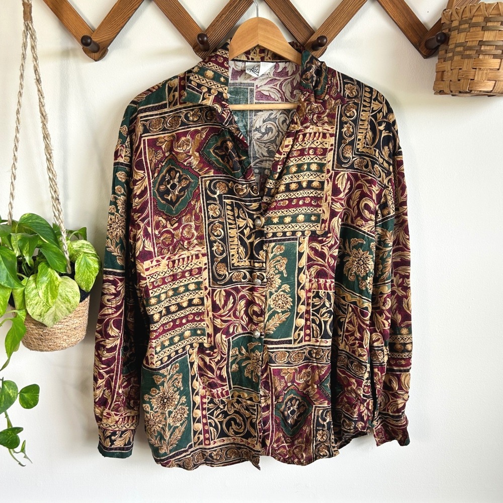 Vintage Kathie Lee Patchwork Floral Rayon Button Down Shirt Burgundy Green 8